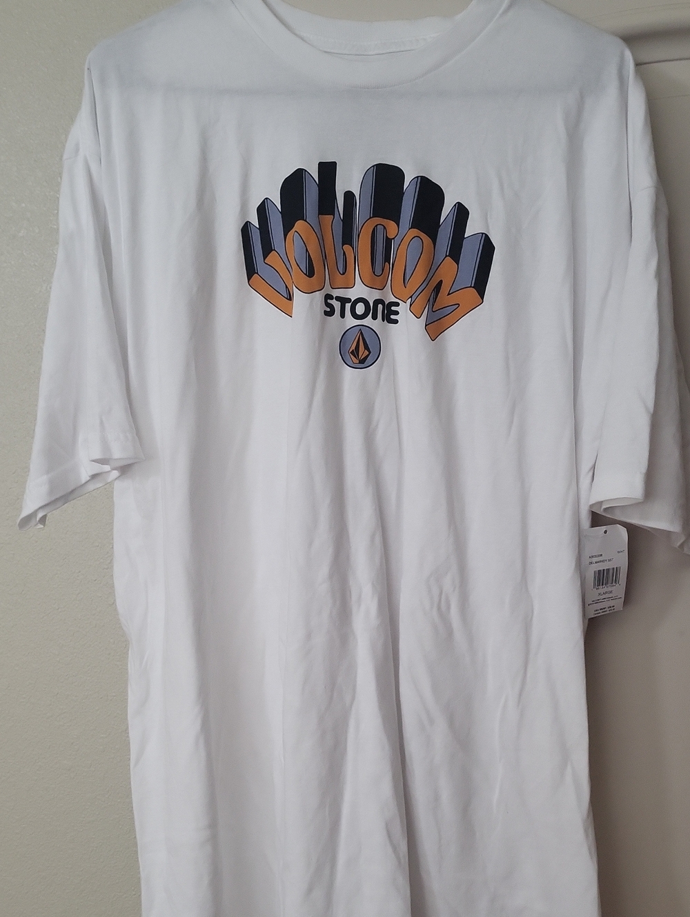 Volcom White Tee with Navy and Orange Retro Logo